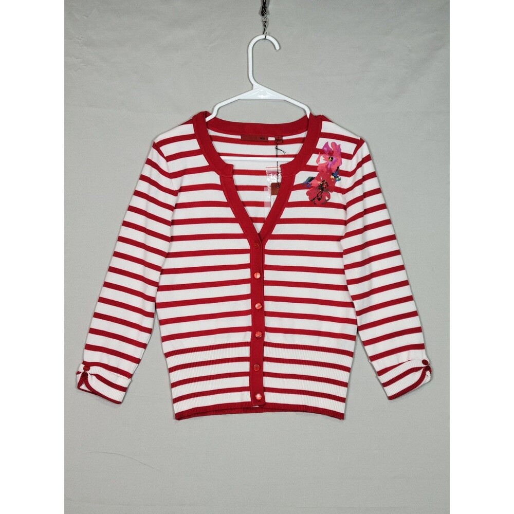 Red Brand Striped Cardigan Womens Small Red White Floral Twee Coquette Romantic